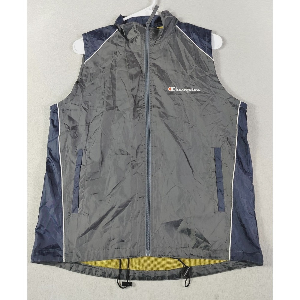 Champion Vest Mens Large Gray Blue Sleeveless Windbreaker Athletic‎ Activewear